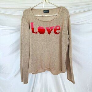 Wooden Ships Vintage Khaki w/ Red Fuschia & Pink "LOVE" Open Crew Neck Sweater